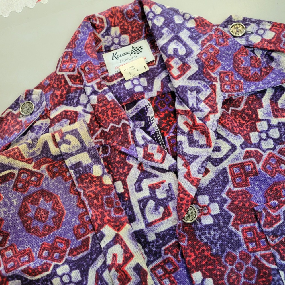 Keone Sportswear Hawaii Vintage Purple Red Geometric Safari Shirt Mens Medium